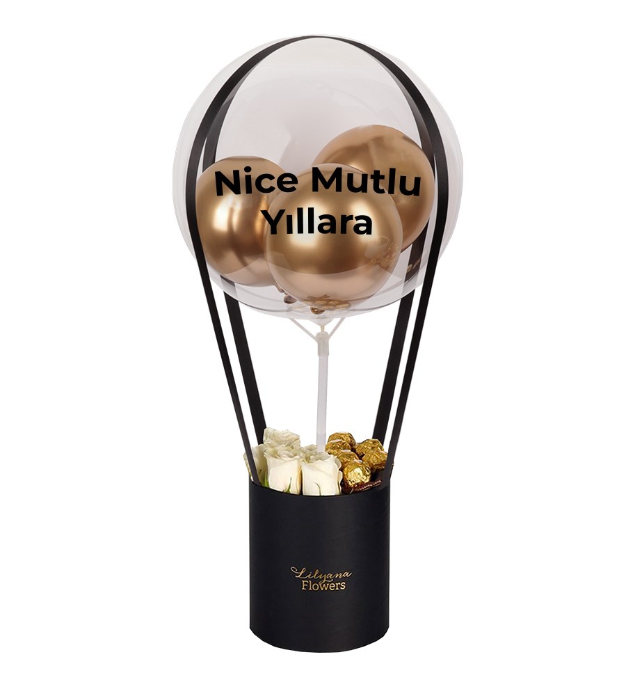 Balonlu Çikolatalı Siyah Kutuda Beyaz Gül
