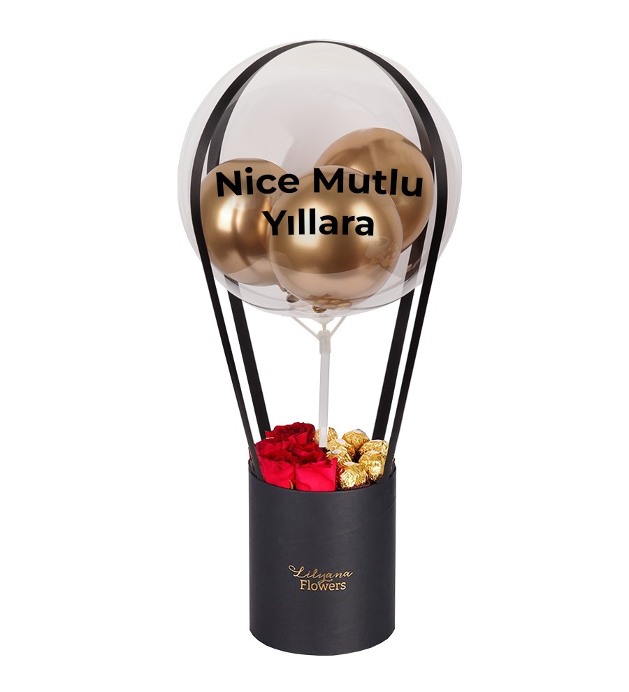 Balonlu Çikolatalı Siyah Kutuda Kırmızı Gül