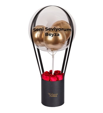 Balonlu Siyah Kutuda Kırmızı Gül