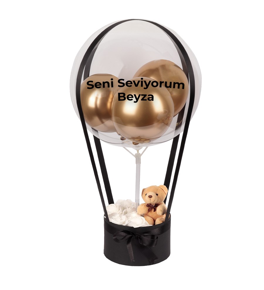 Balonlu Yuvarlak Siyah Kutuda Ayıcıklı Yapay Beyaz Gül
