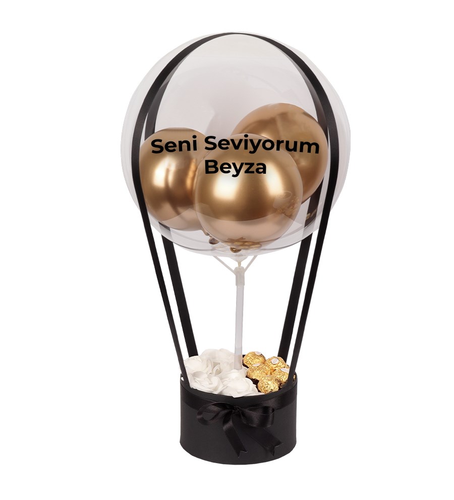 Balonlu Yuvarlak Siyah Kutuda Çikolatalı Yapay Beyaz Gül