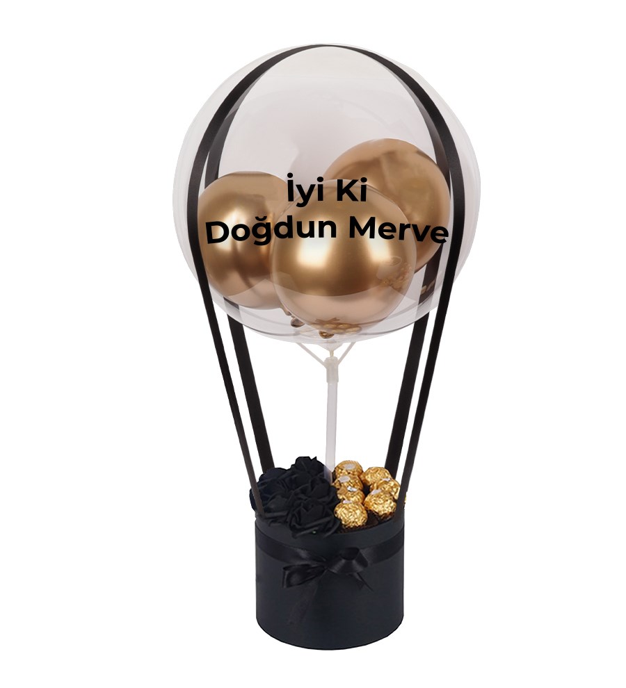 Balonlu Yuvarlak Siyah Kutuda Çikolatalı Yapay Siyah Gül
