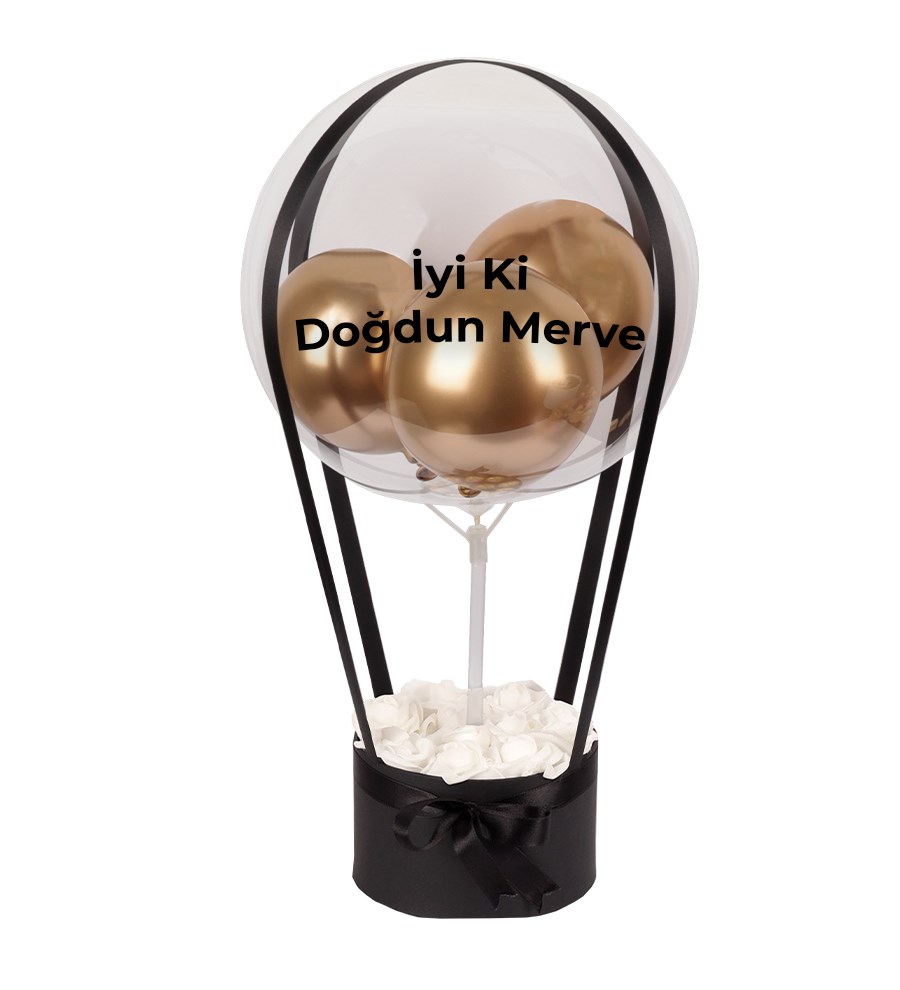 Balonlu Yuvarlak Siyah Kutuda Yapay Beyaz Gül