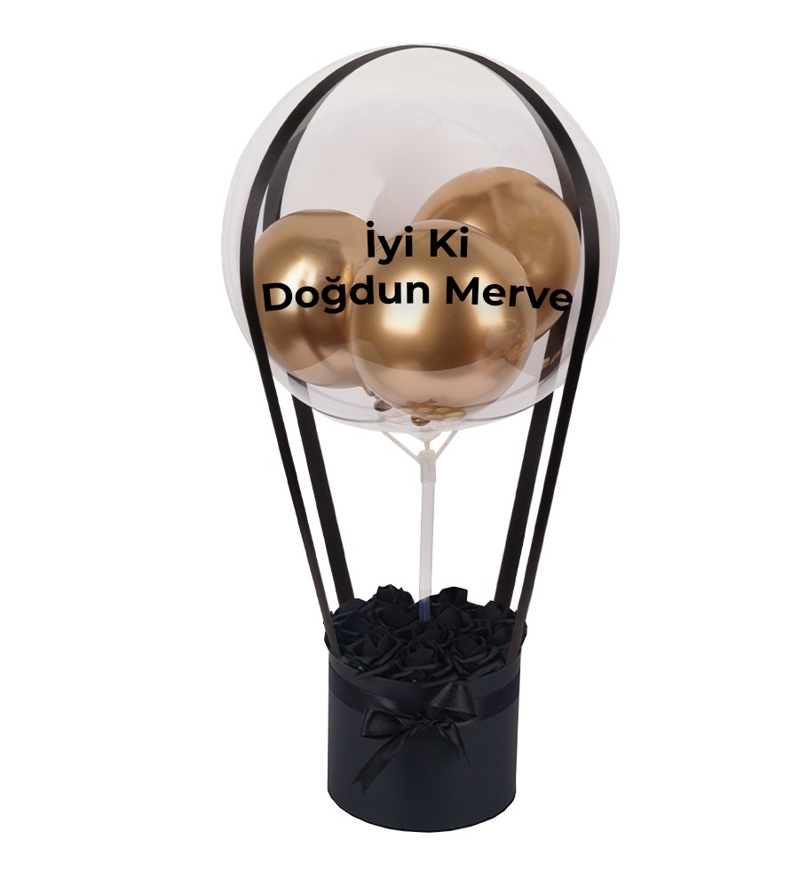Balonlu Yuvarlak Siyah Kutuda Yapay Siyah Gül