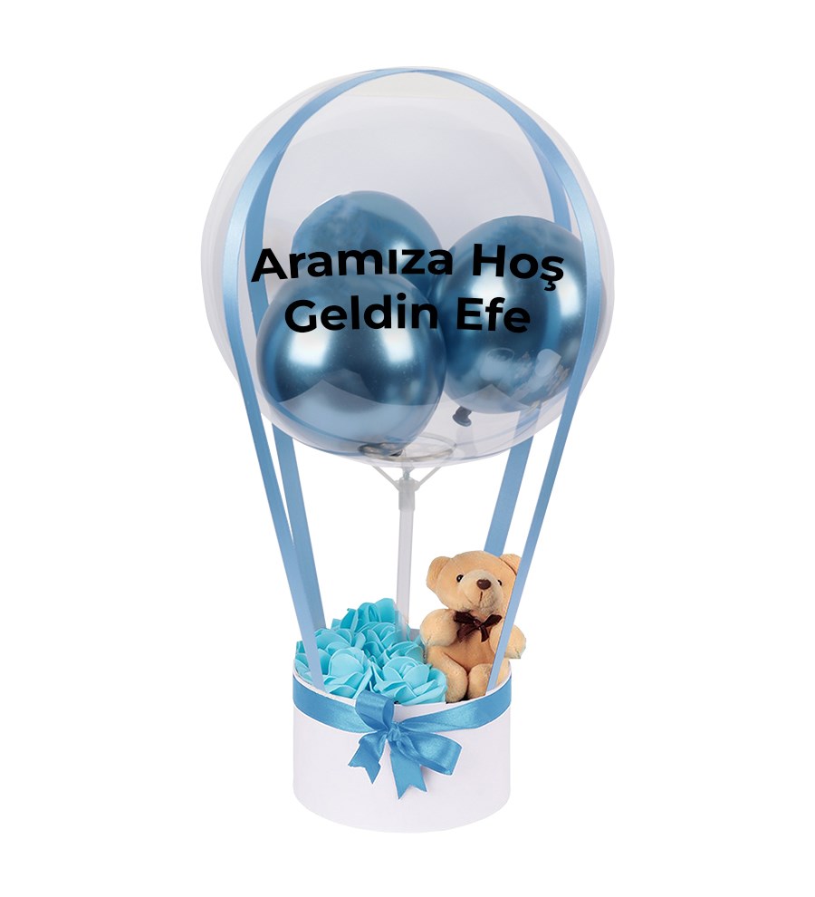 Balonlu Yuvarlak Beyaz Kutuda Ayıcıklı Yapay Mavi Gül
