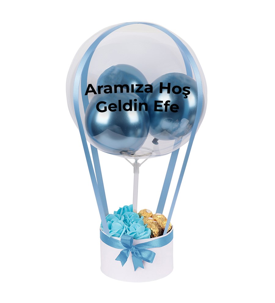 Balonlu Yuvarlak Beyaz Kutuda Çikolatalı Yapay Mavi Gül