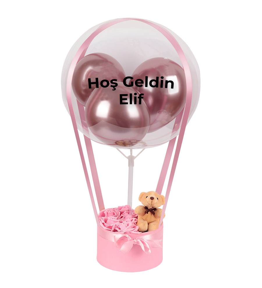 Balonlu Yuvarlak Pembe Kutuda Ayıcıklı Yapay Pembe Gül