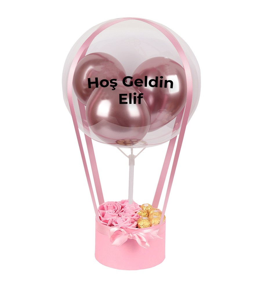 Balonlu Yuvarlak Pembe Kutuda Çikolatalı Yapay Pembe Gül