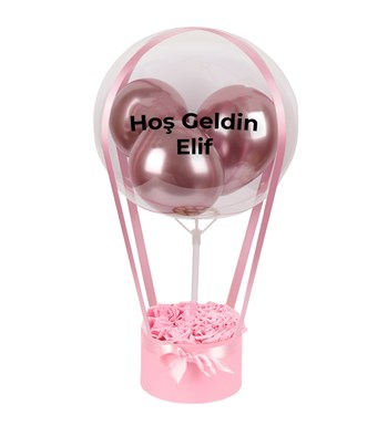 Balonlu Yuvarlak Pembe Kutuda Yapay Pembe Gül