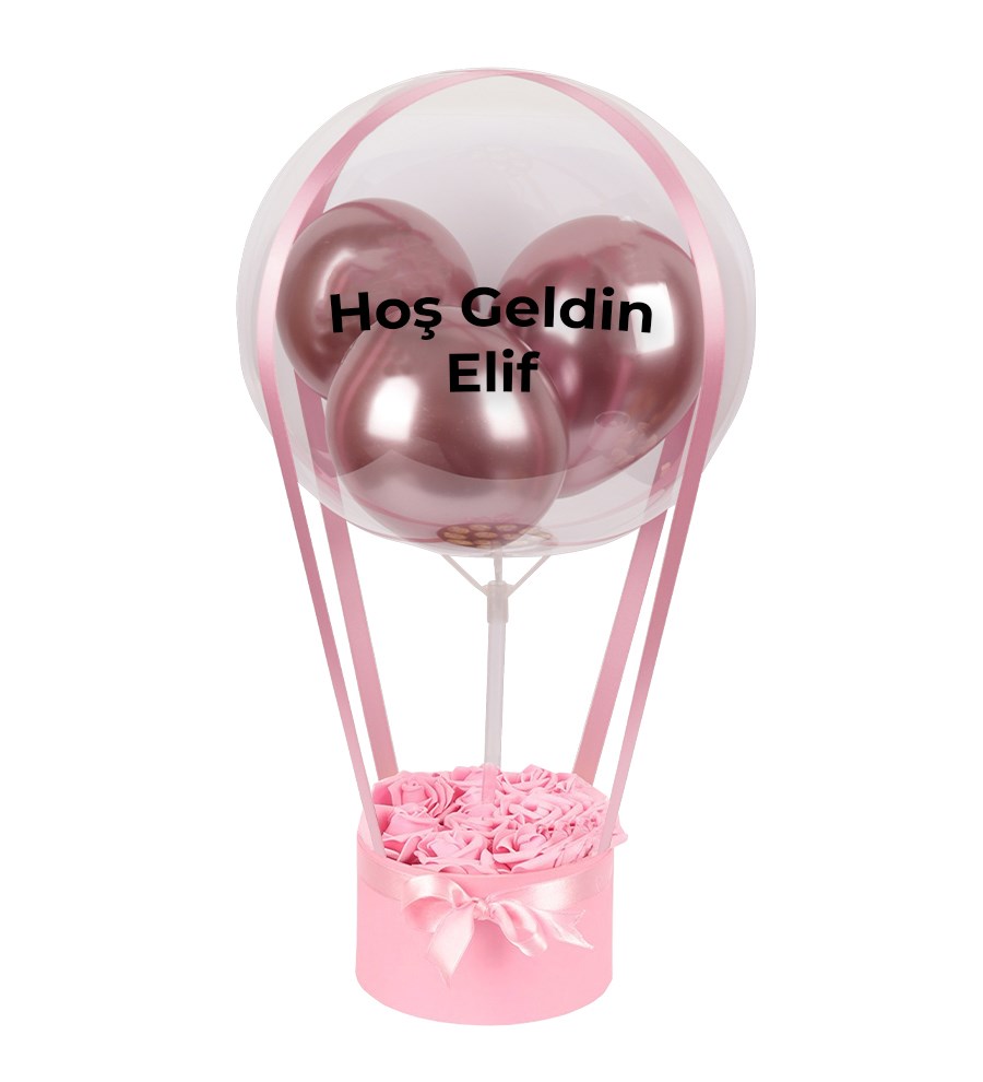 Balonlu Yuvarlak Pembe Kutuda Yapay Pembe Gül