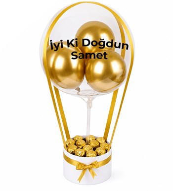 Lilyana Flowers - Balonlu Gold Fındıklı Çikolatalı Beyaz Kutu Gold