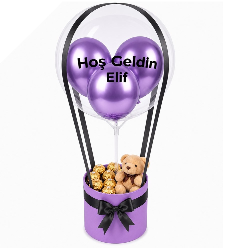 Balonlu Gold Fındıklı Çikolatalı Peluşlu Lila Kutu