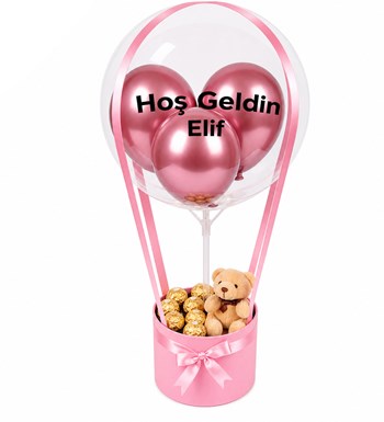 Lilyana Flowers - Balonlu Gold Fındıklı Çikolatalı Peluşlu Pembe Kutu