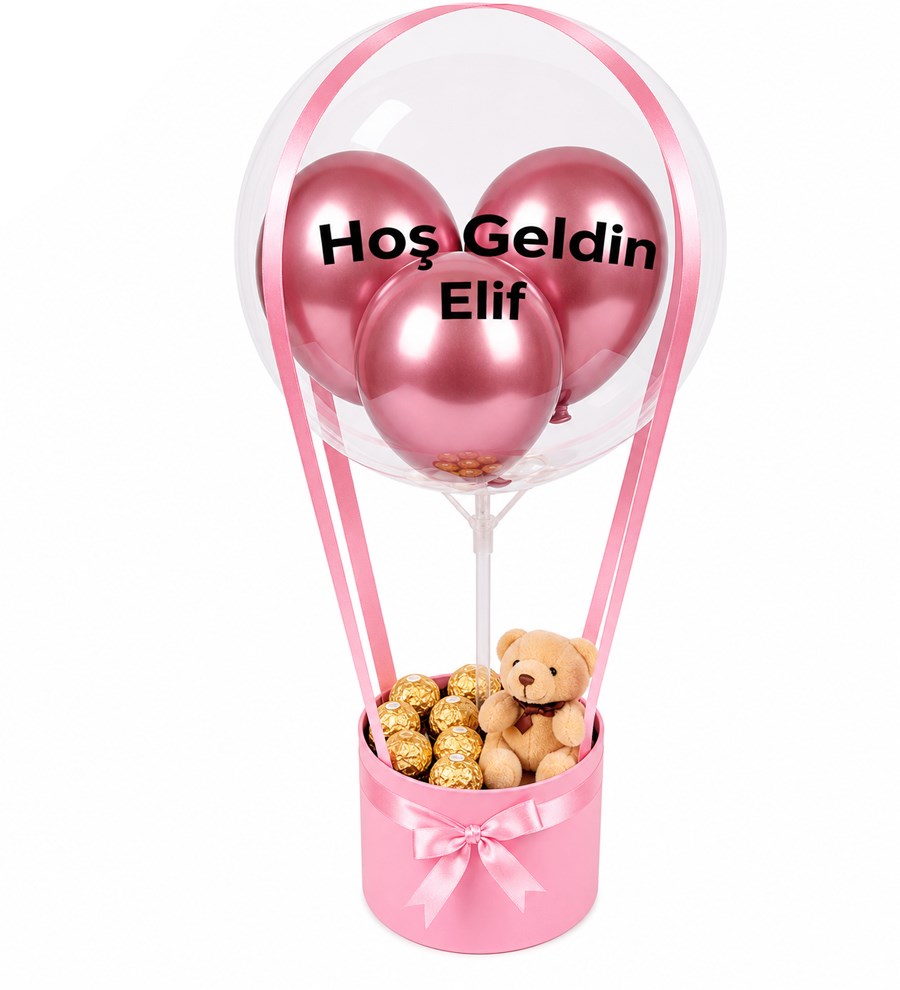 Balonlu Gold Fındıklı Çikolatalı Peluşlu Pembe Kutu