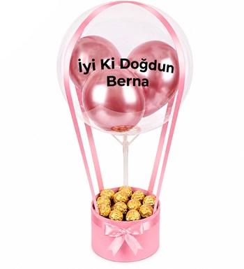 Lilyana Flowers - Balonlu Gold Fındıklı Çikolatalı Pembe Kutu