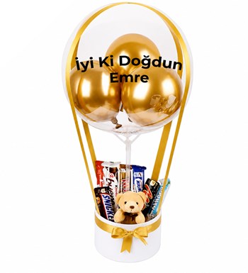 Lilyana Flowers - Balonlu Peluşlu Çikolata Kutusu Beyaz Gold