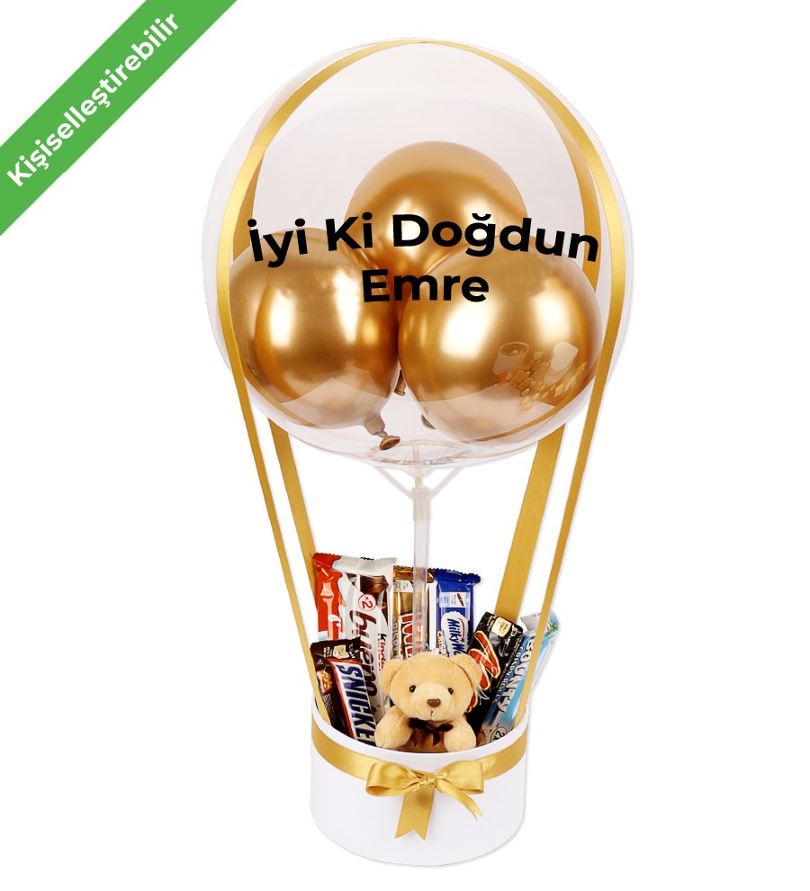 Balonlu Peluşlu Çikolata Kutusu Beyaz Gold