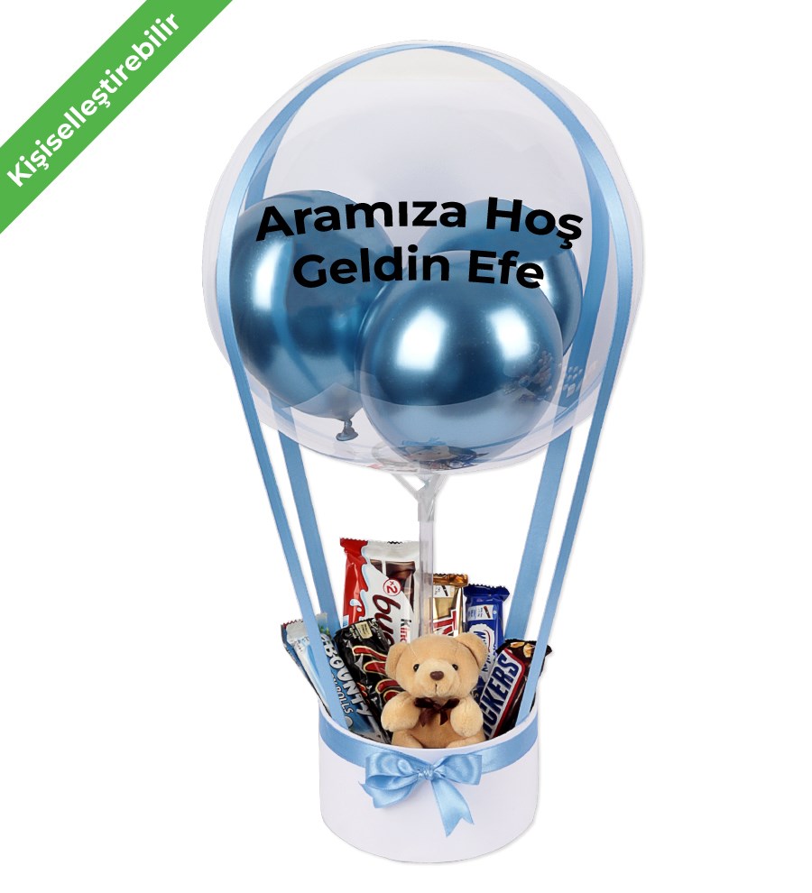 Balonlu Peluşlu Çikolata Kutusu Mavi