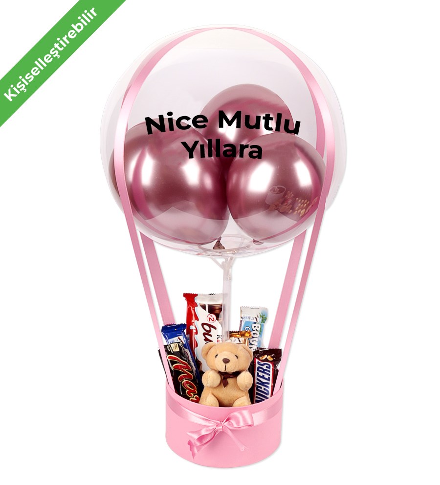 Balonlu Peluşlu Çikolata Kutusu Pembe