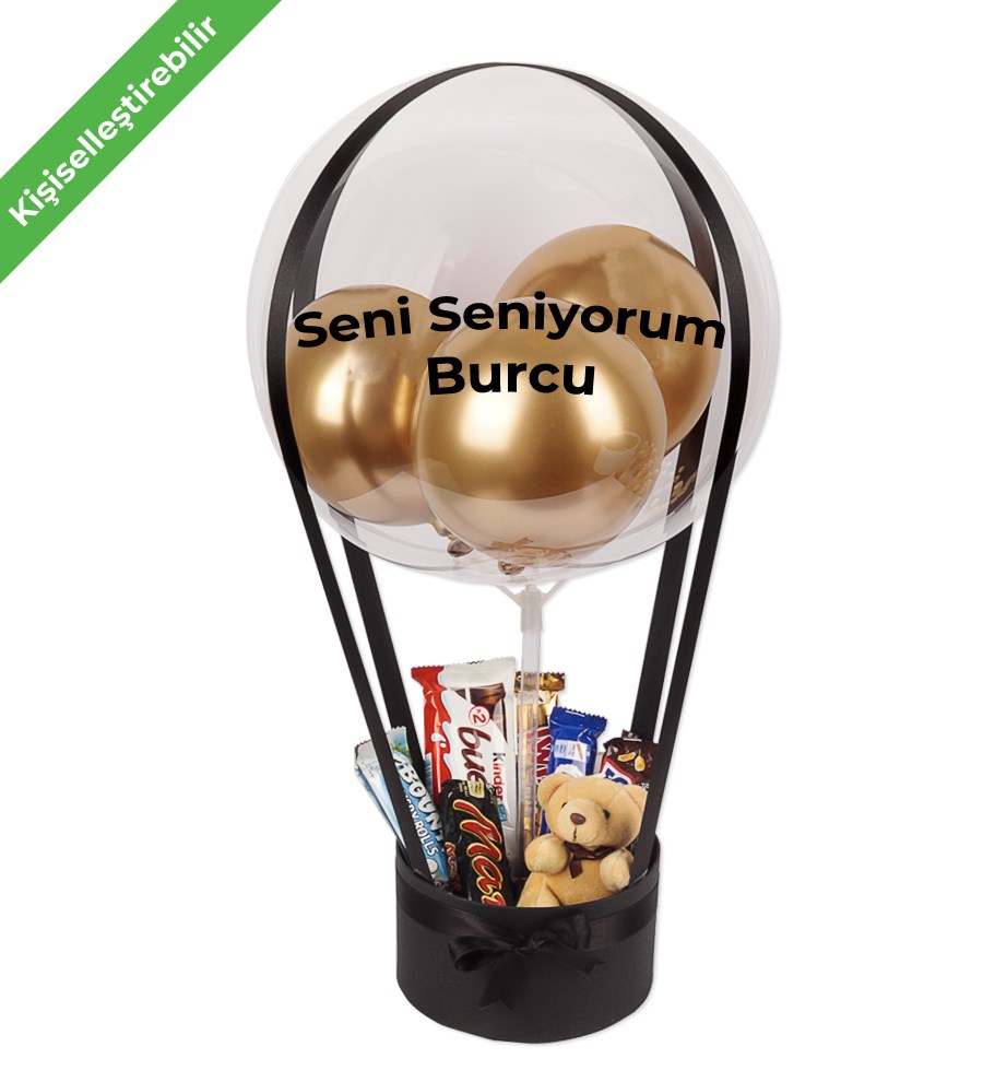 Balonlu Peluşlu Çikolata Kutusu Siyah