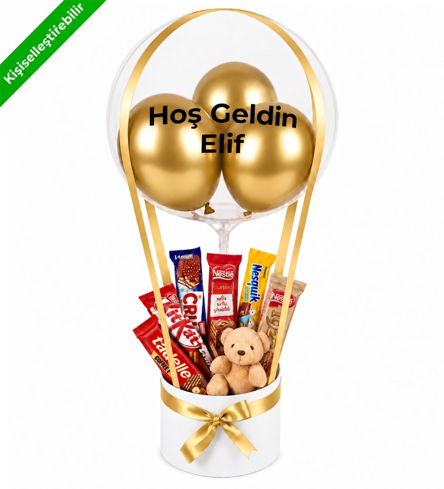 Balonlu Peluşlu Çikolata Kutusu v2 Beyaz Gold