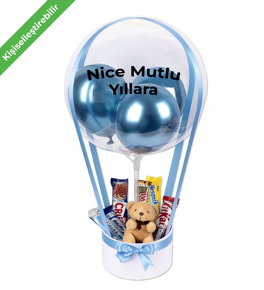 Balonlu Peluşlu Çikolata Kutusu v2 Mavi