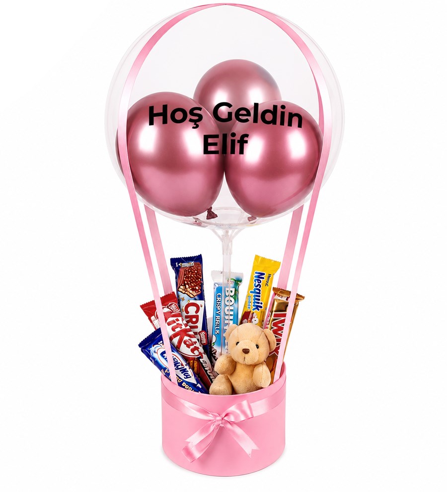 Balonlu Peluşlu Çikolata Kutusu v2 Pembe