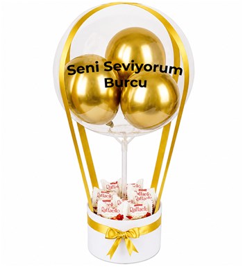 Lilyana Flowers - Balonlu Raffaello Çikolatalı Beyaz Kutu Gold