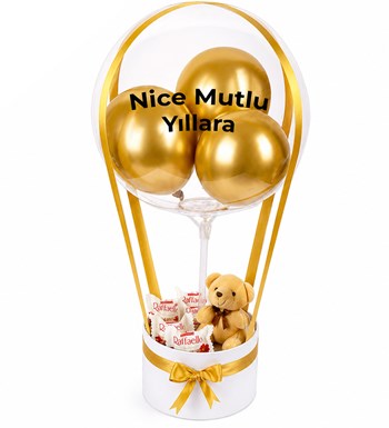 Lilyana Flowers - Balonlu Raffaello Peluşlu Çikolatalı Beyaz Kutu Gold