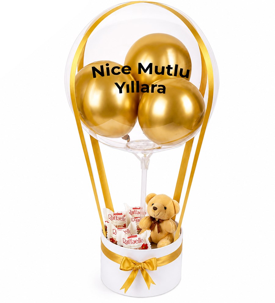 Balonlu Raffaello Peluşlu Çikolatalı Beyaz Kutu Gold
