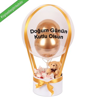 Balonlu Raffaello Peluşlu Çikolatalı Beyaz Kutu Gold