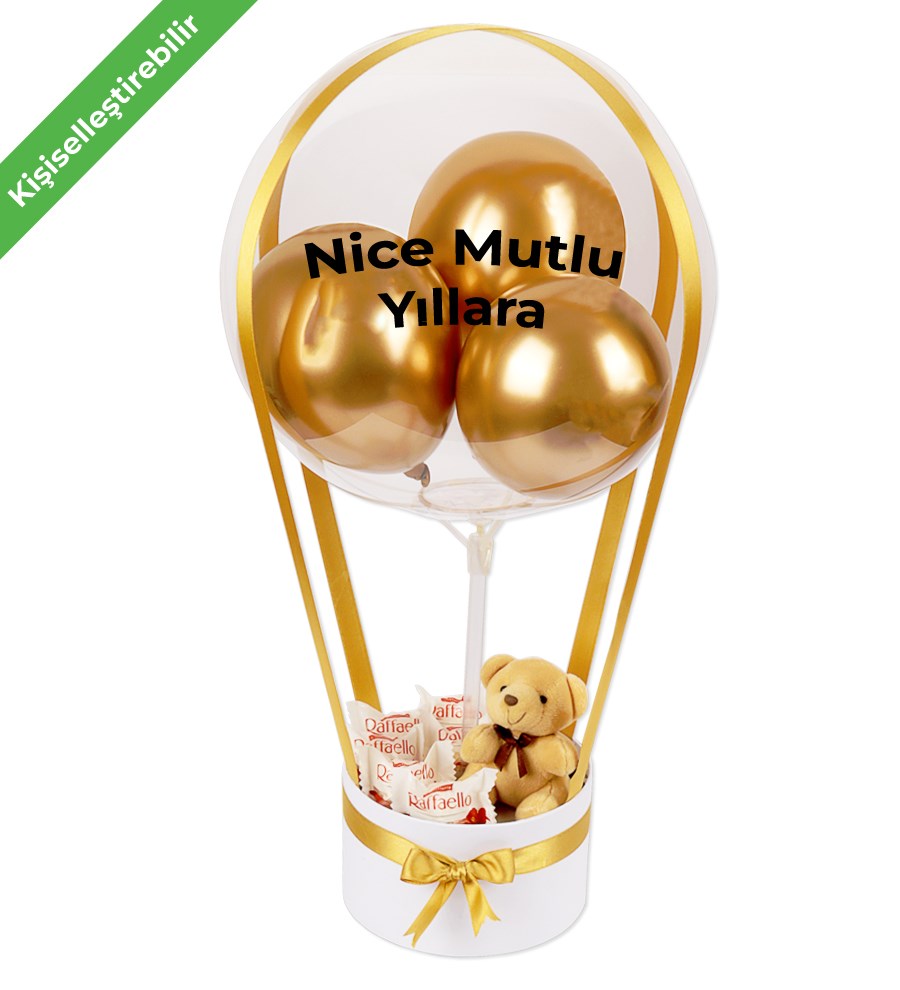 Balonlu Raffaello Peluşlu Çikolatalı Beyaz Kutu Gold