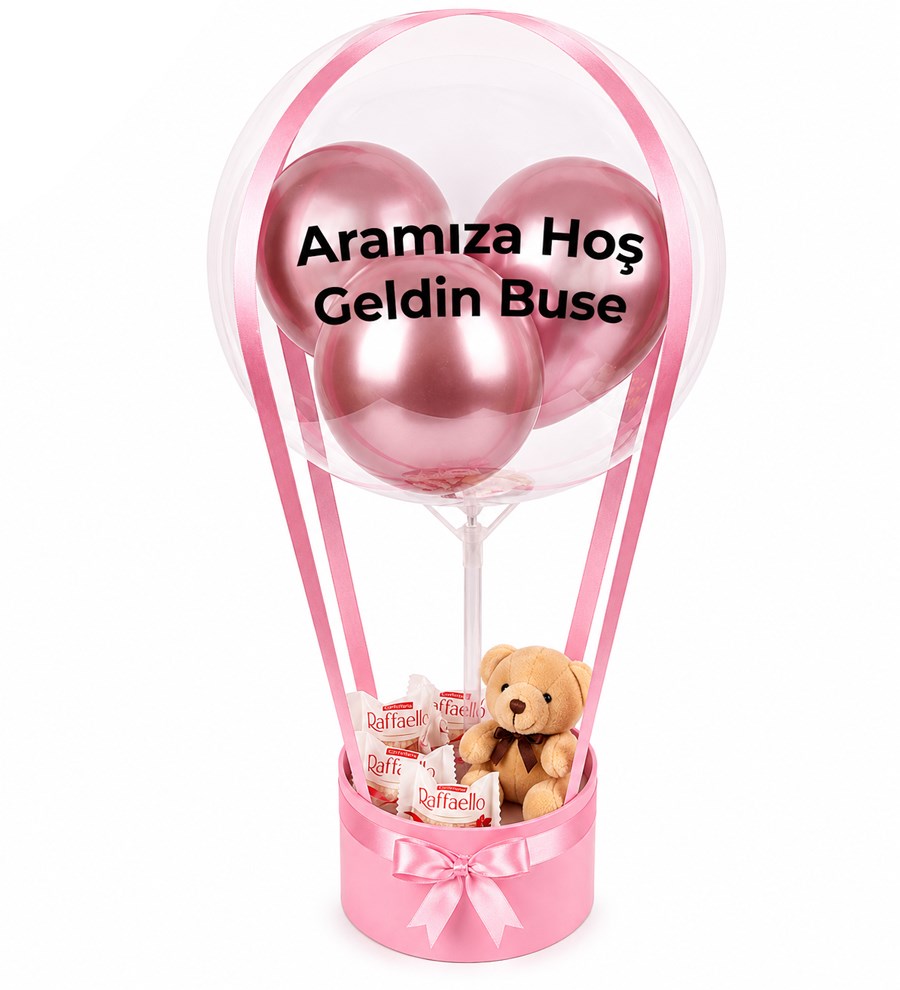 Balonlu Raffaello Peluşlu Çikolatalı Pembe Kutu