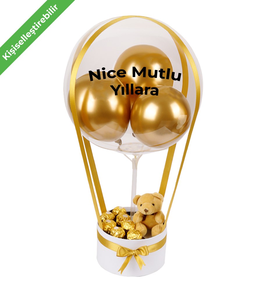 Balonlu Rocher Çikolatalı Peluşlu Beyaz Kutu Gold