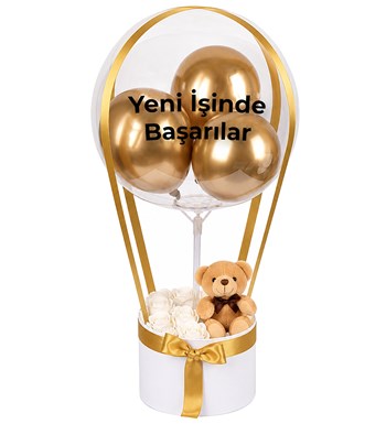 Lilyana Flowers - Balonlu Yuvarlak Beyaz Kutuda Ayıcıklı Yapay Beyaz Gül