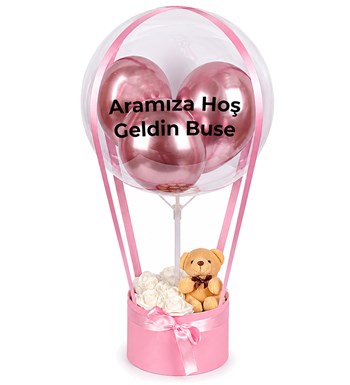 Lilyana Flowers - Balonlu Yuvarlak Pembe Kutuda Ayıcıklı Yapay Beyaz Gül