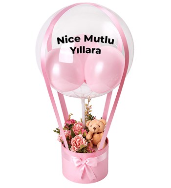 Lilyana Flowers - Balonlu Yuvarlak Pembe Kutuda Ayıcıklı Yapay Pembe Aranjman