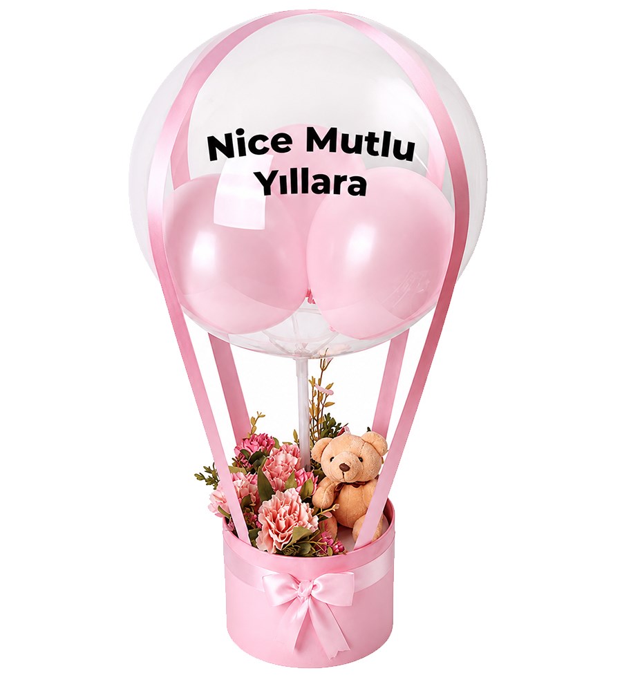Balonlu Yuvarlak Pembe Kutuda Ayıcıklı Yapay Pembe Aranjman