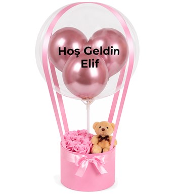 Lilyana Flowers - Balonlu Yuvarlak Pembe Kutuda Ayıcıklı Yapay Pembe Gül