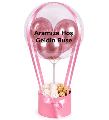 Lilyana Flowers - Balonlu Yuvarlak Pembe Kutuda Çikolatalı Yapay Beyaz Gül