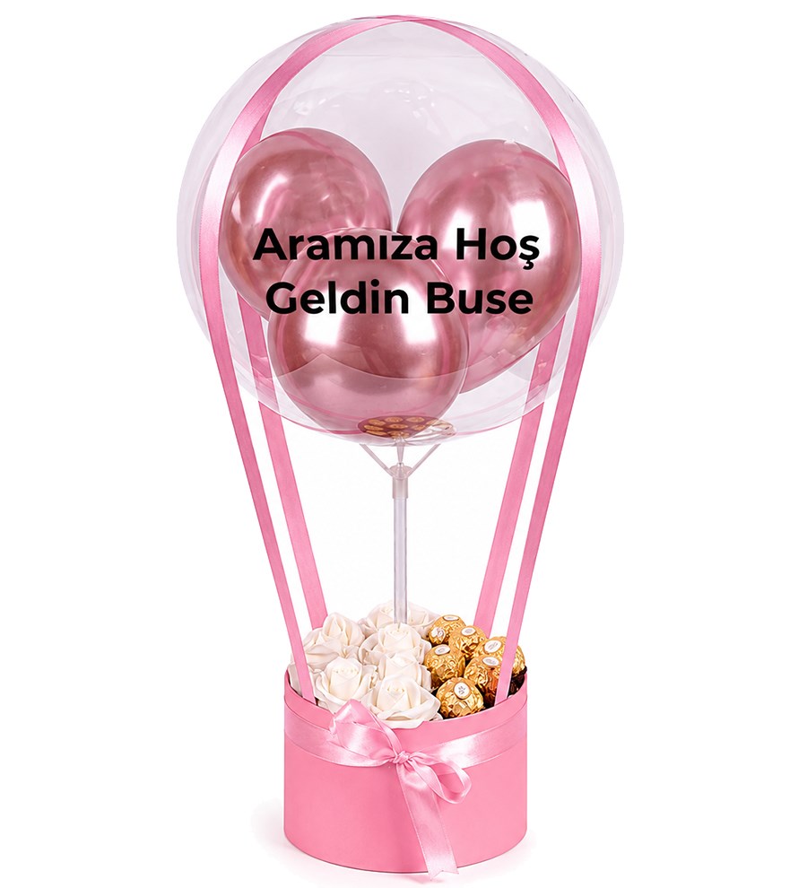Balonlu Yuvarlak Pembe Kutuda Çikolatalı Yapay Beyaz Gül