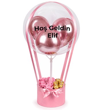 Lilyana Flowers - Balonlu Yuvarlak Pembe Kutuda Çikolatalı Yapay Pembe Gül