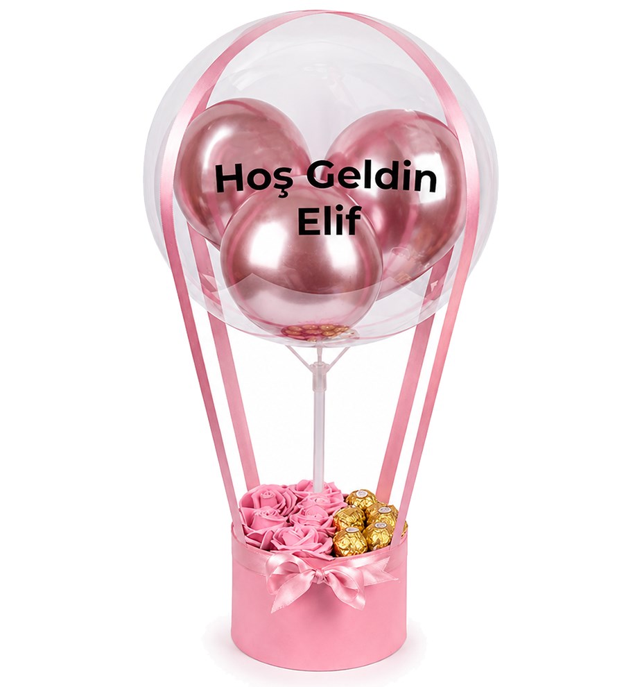 Balonlu Yuvarlak Pembe Kutuda Çikolatalı Yapay Pembe Gül