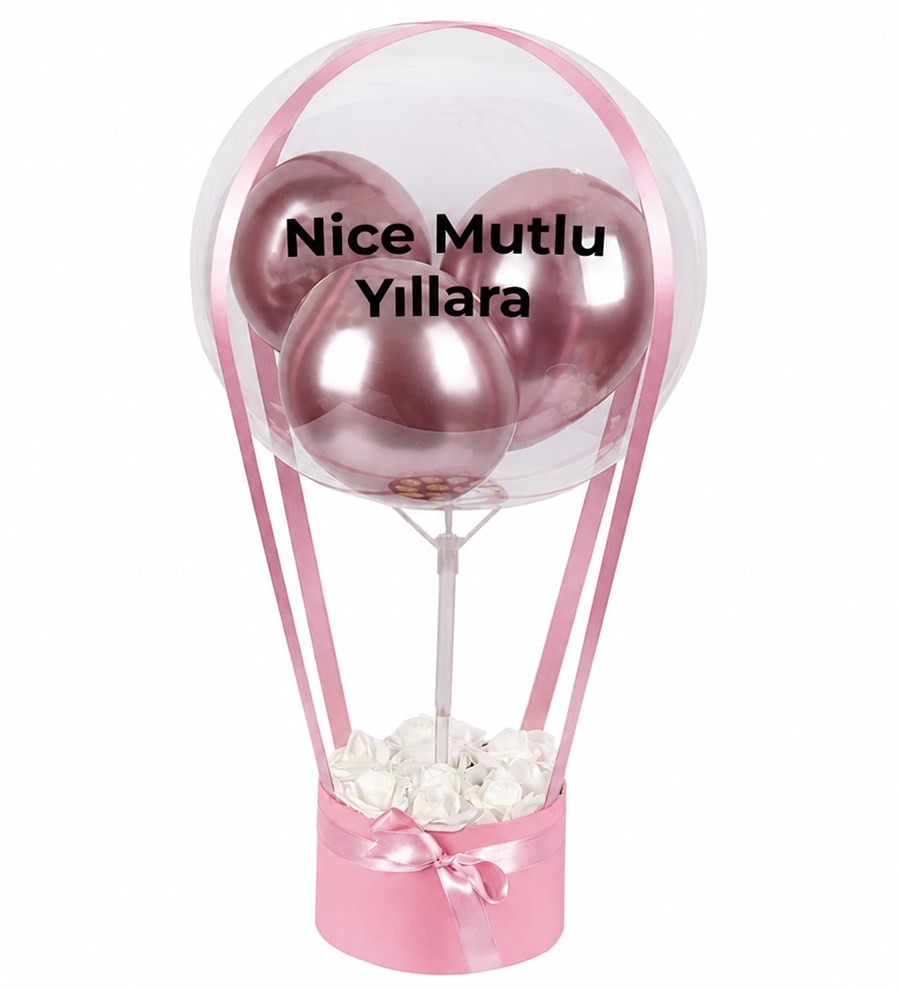 Balonlu Yuvarlak Pembe Kutuda Yapay Beyaz Gül