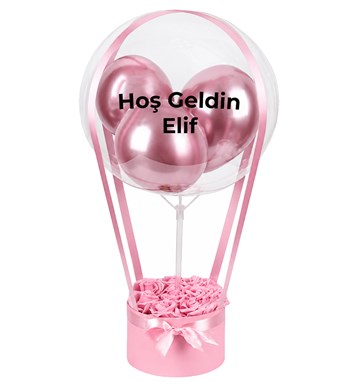 Lilyana Flowers - Balonlu Yuvarlak Pembe Kutuda Yapay Pembe Gül