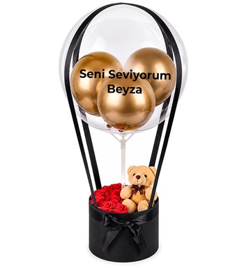 Lilyana Flowers - Balonlu Yuvarlak Siyah Kutuda Ayıcıklı Yapay Kırmızı Gül