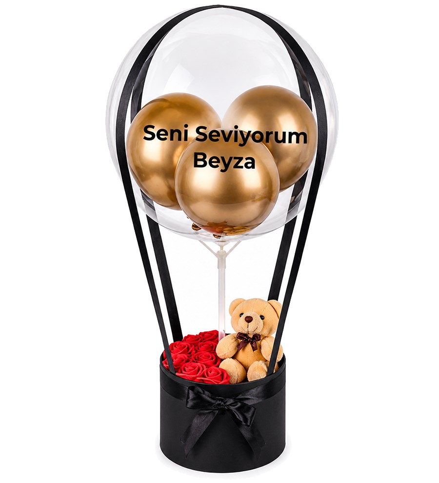 Balonlu Yuvarlak Siyah Kutuda Ayıcıklı Yapay Kırmızı Gül