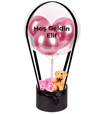Lilyana Flowers - Balonlu Yuvarlak Siyah Kutuda Ayıcıklı Yapay Pembe Gül