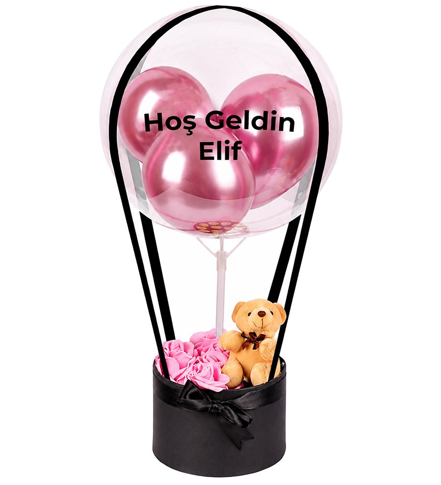 Balonlu Yuvarlak Siyah Kutuda Ayıcıklı Yapay Pembe Gül