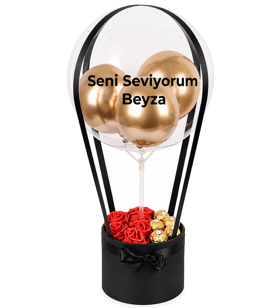 Balonlu Yuvarlak Siyah Kutuda Çikolatalı Yapay Kırmızı Gül